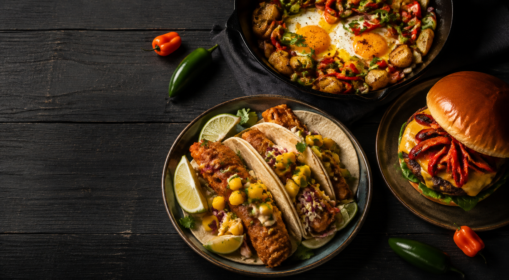 Fish tacos, a breakfast skillet, and a burger ready for hot sauce
